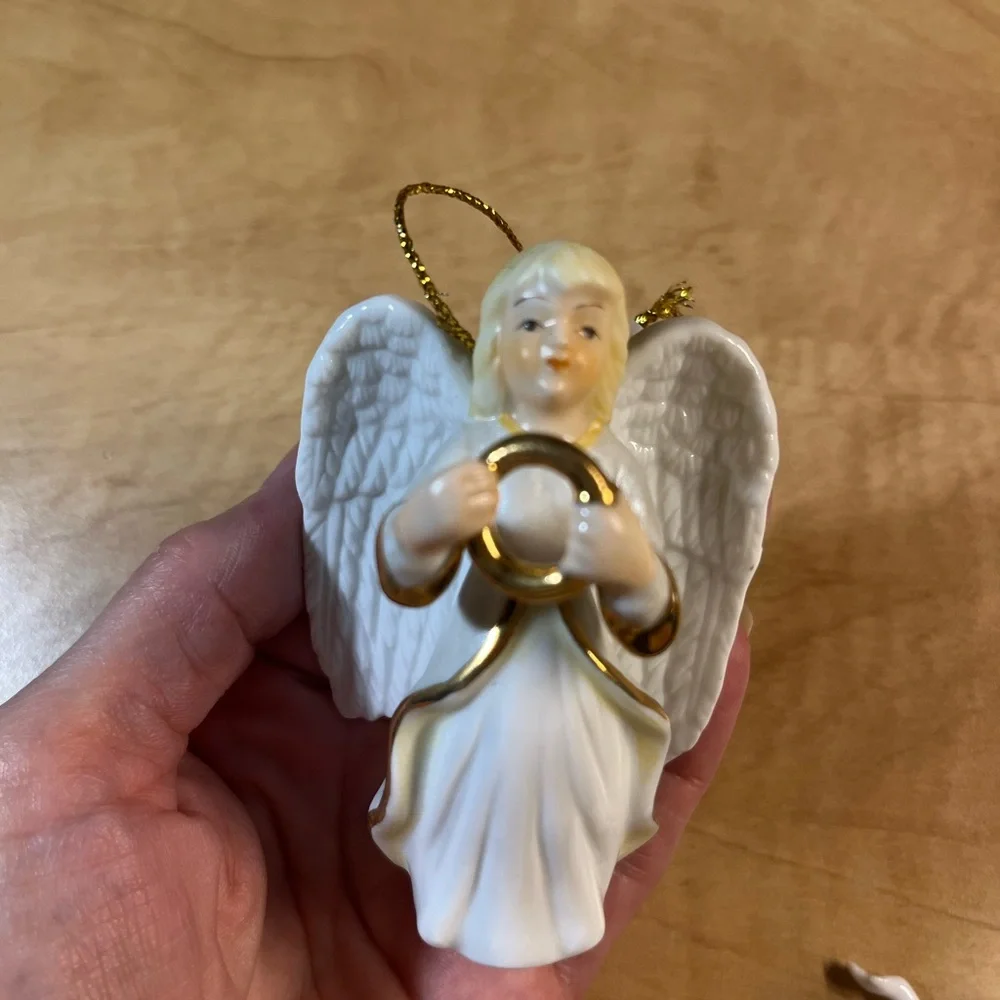 2 Ceramic White Gold Christmas Angel Ornaments